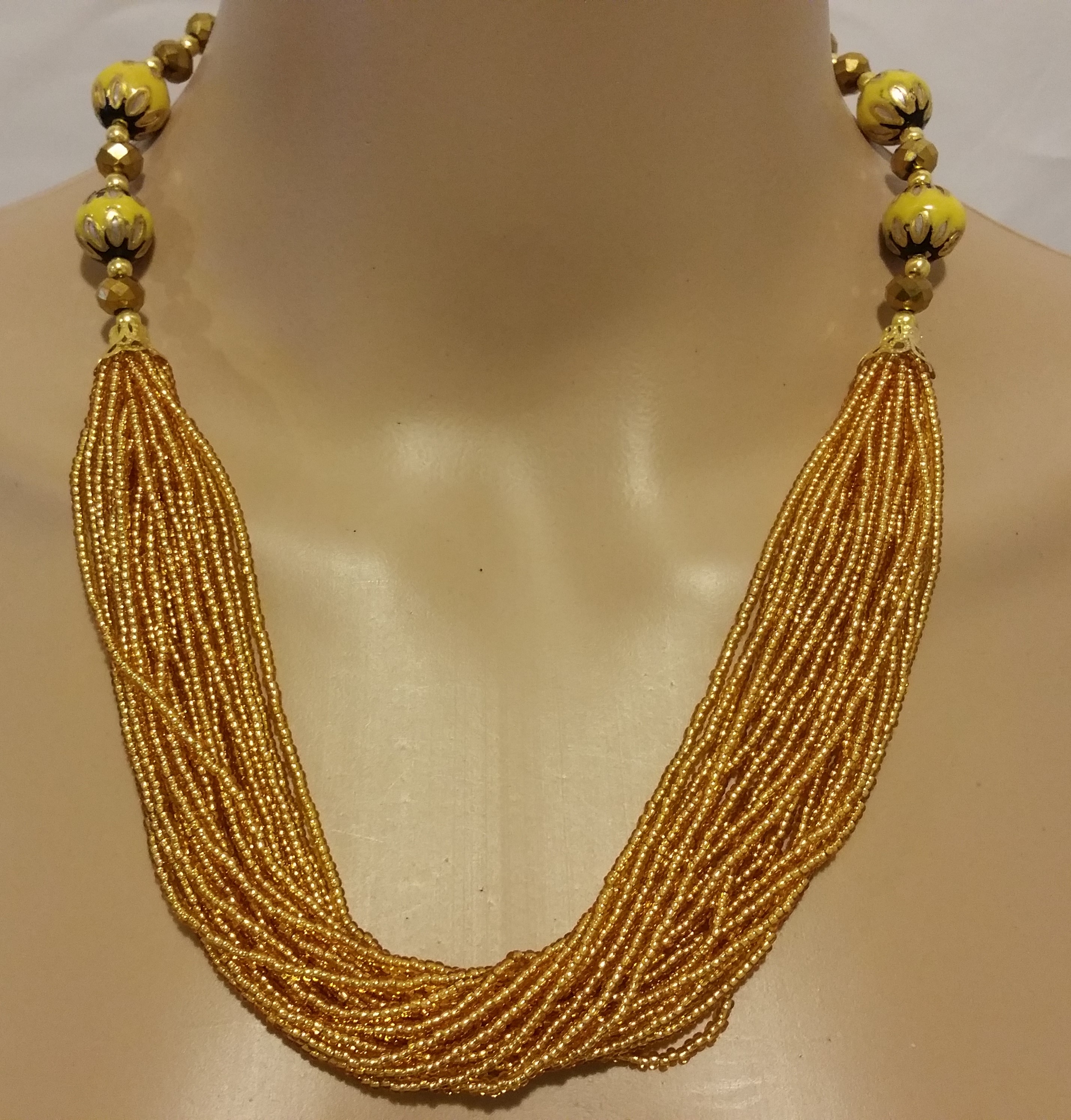 Beautiful Multistrand Necklace w/ Yellow & Gold Colored Beads 29014